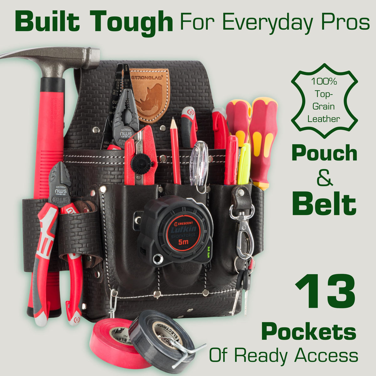 STRONGLAD utility belt on jobsite demonstrates rugged design for professional electrical work.