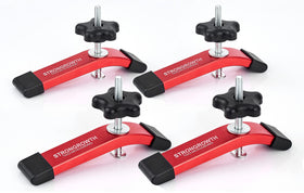 STRONGROWTH red T-track clamp, 6-3/8 in, securing a woodworking jig