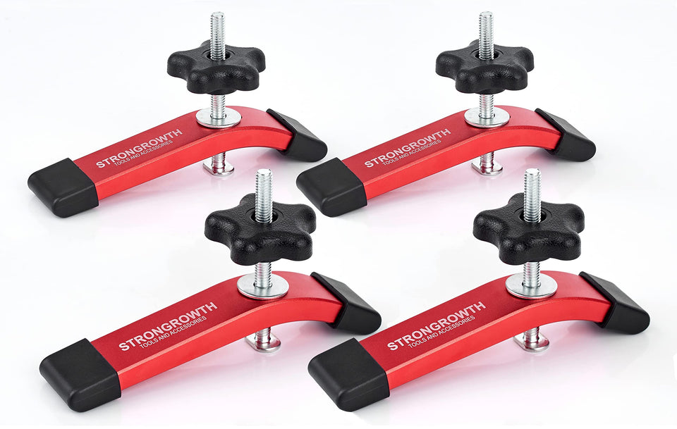 STRONGROWTH red T-track clamp, 6-3/8 in, securing a woodworking jig