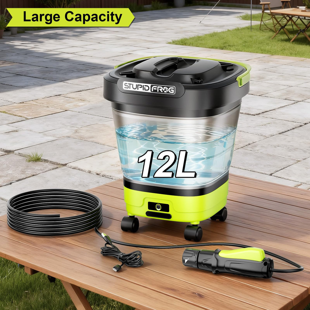StupidFrog 12L collapsible bucket ready for bikes or garden beds.