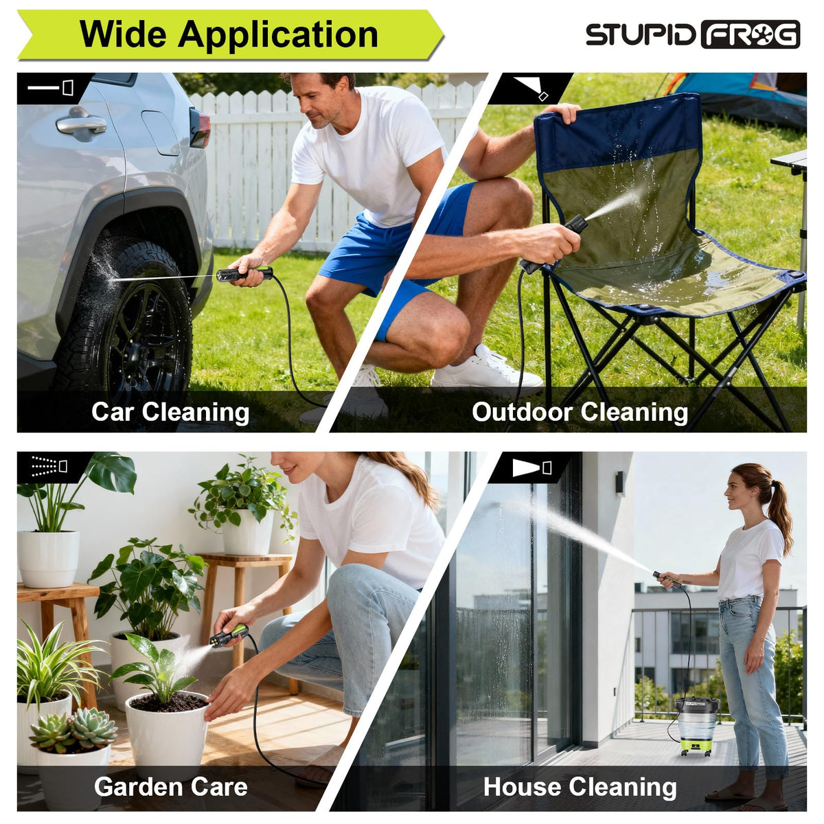 StupidFrog 4-in-1 nozzle offers versatile spray modes for different tasks.