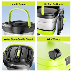 StupidFrog built-in lid with hose storage keeps accessories organized.