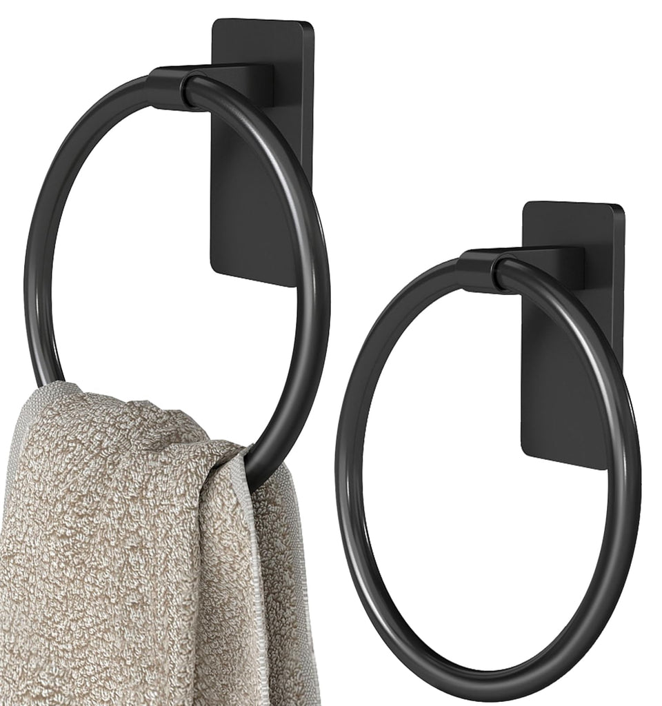 STWWO black adhesive towel holder mounted on wall for space saving.