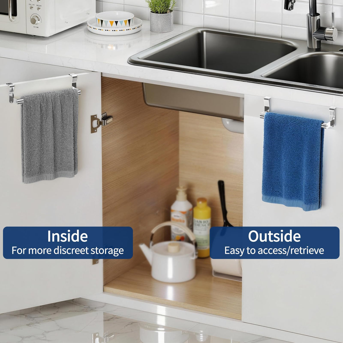 STWWO brushed nickel towel holder with EVA pads protecting cabinet surfaces.