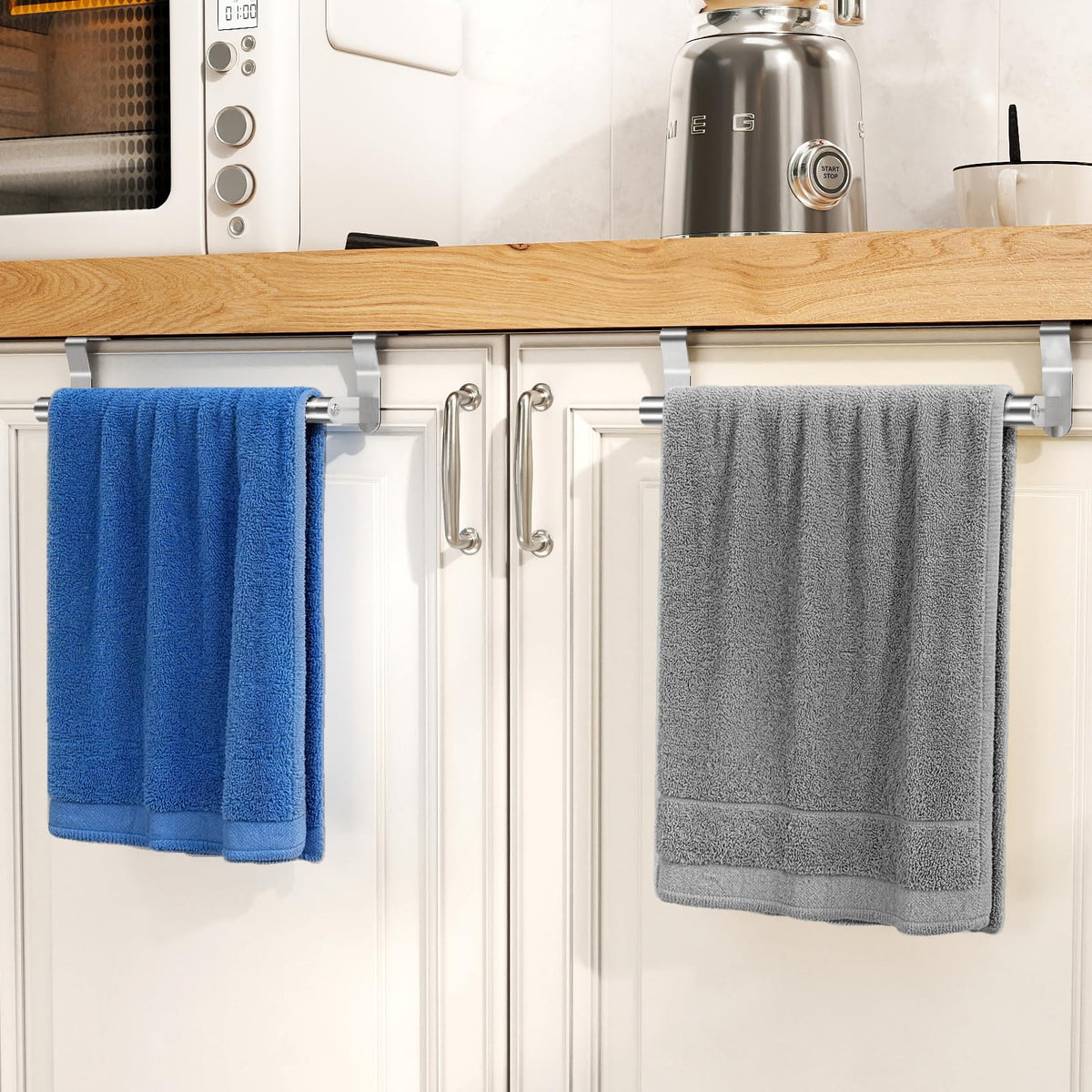 STWWO easy-install towel holder in brushed nickel ready for quick setup.