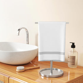 STWWO towel holder stand with telescopic height adjustment for towel lengths.