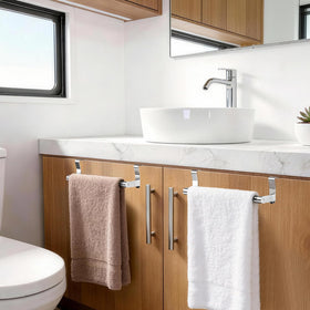 STWWO kitchen organization with brushed nickel towel holders enhancing storage.