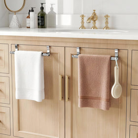 STWWO brushed nickel towel rack blends with existing kitchen hardware.