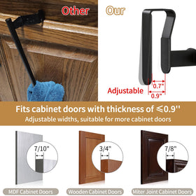 Adjustable hooks fit multiple cabinet door widths for secure mounting.