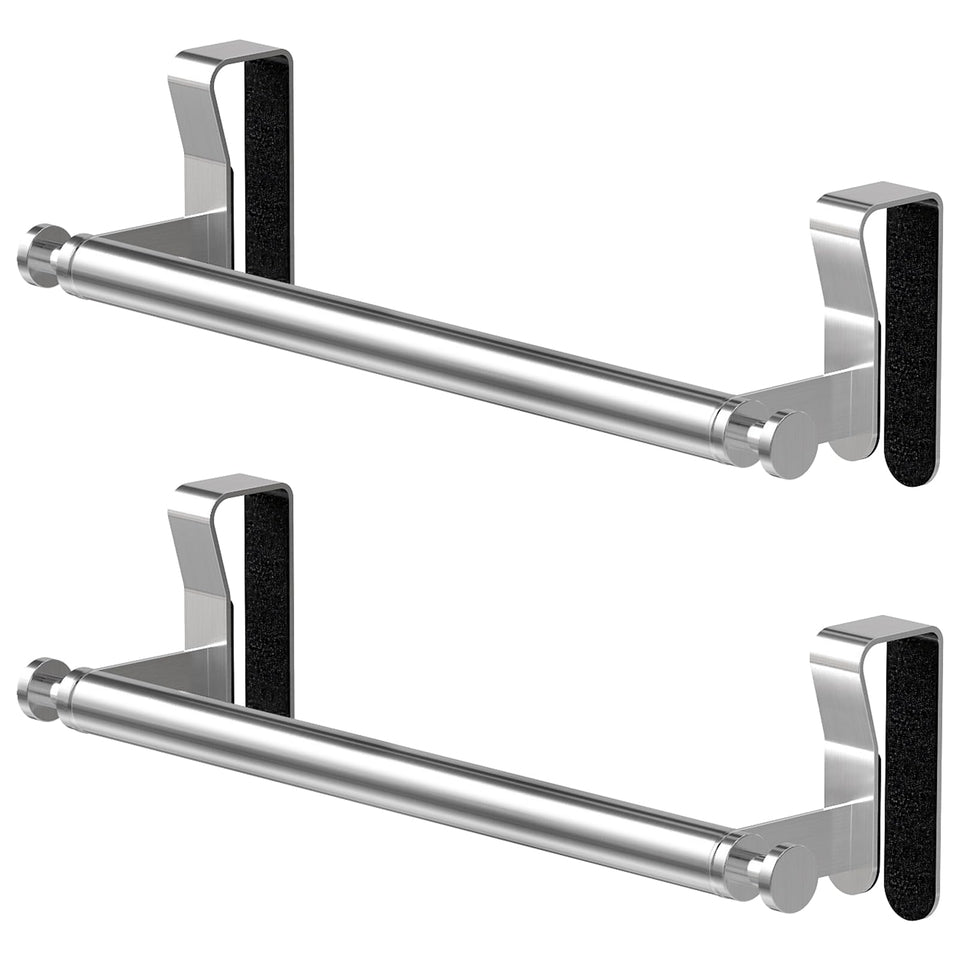 STWWO over-cabinet towel holder in brushed nickel keeps towels within easy reach.