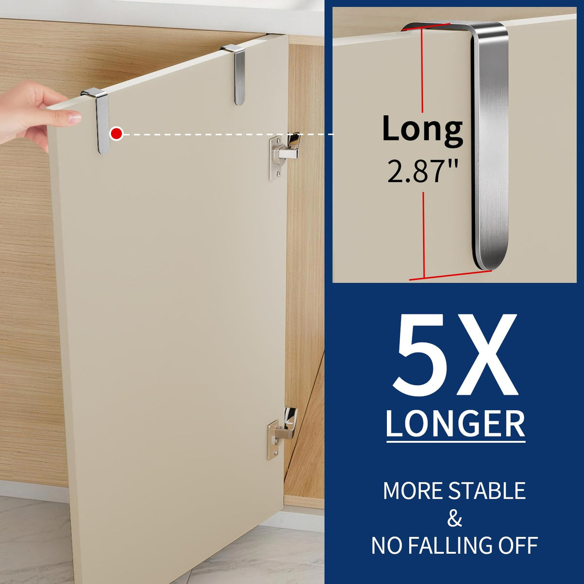 STWWO over cabinet towel holder in brushed nickel, side view highlighting adjustable hooks securely.