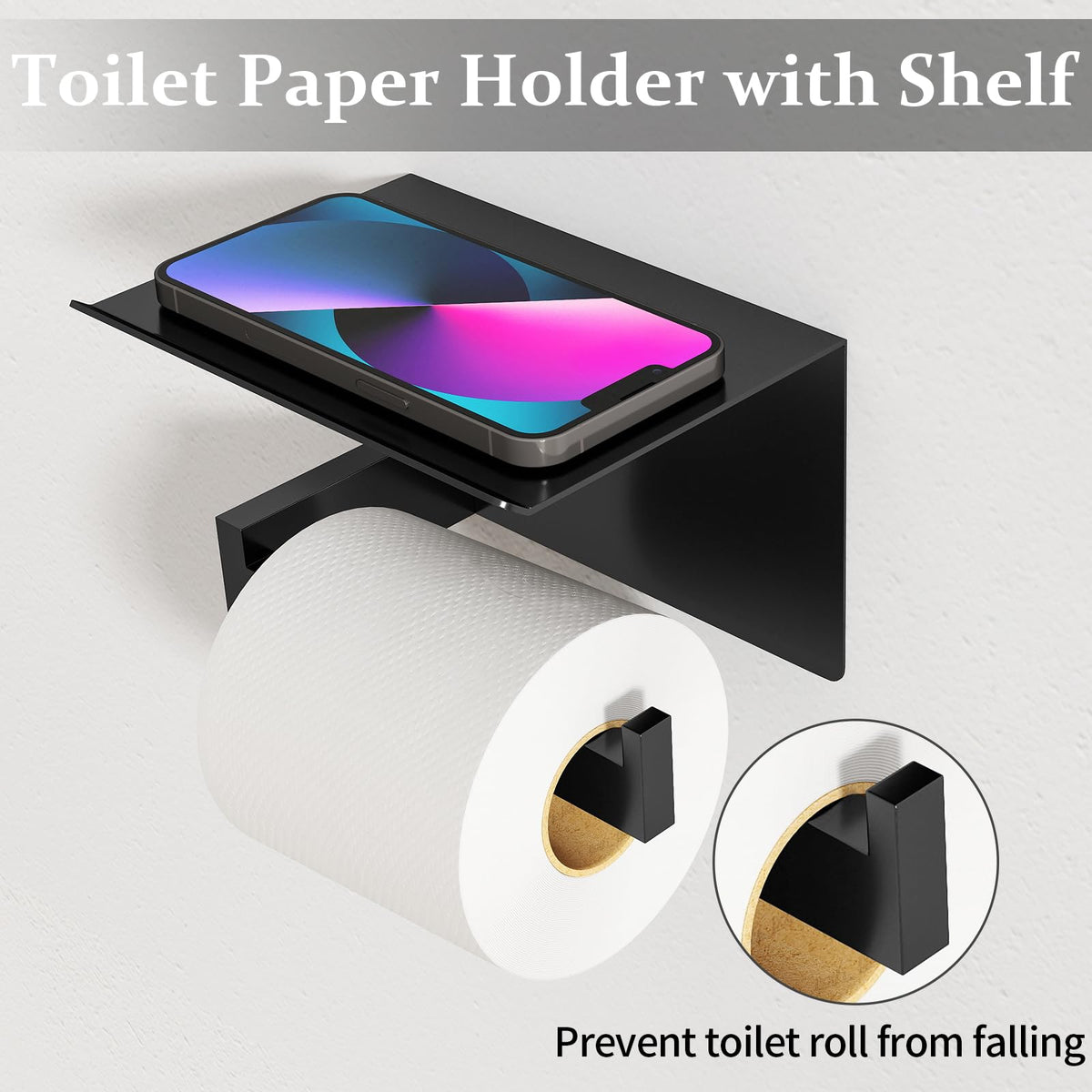 STWWO toilet paper holder with shelf in matte black adds storage.