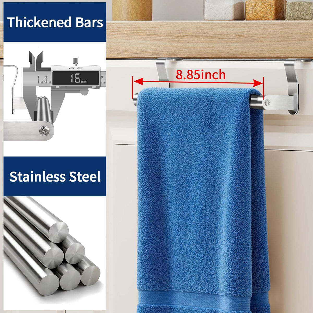 STWWO two-pack brushed nickel towel bars shown ready for assembly on cabinets.