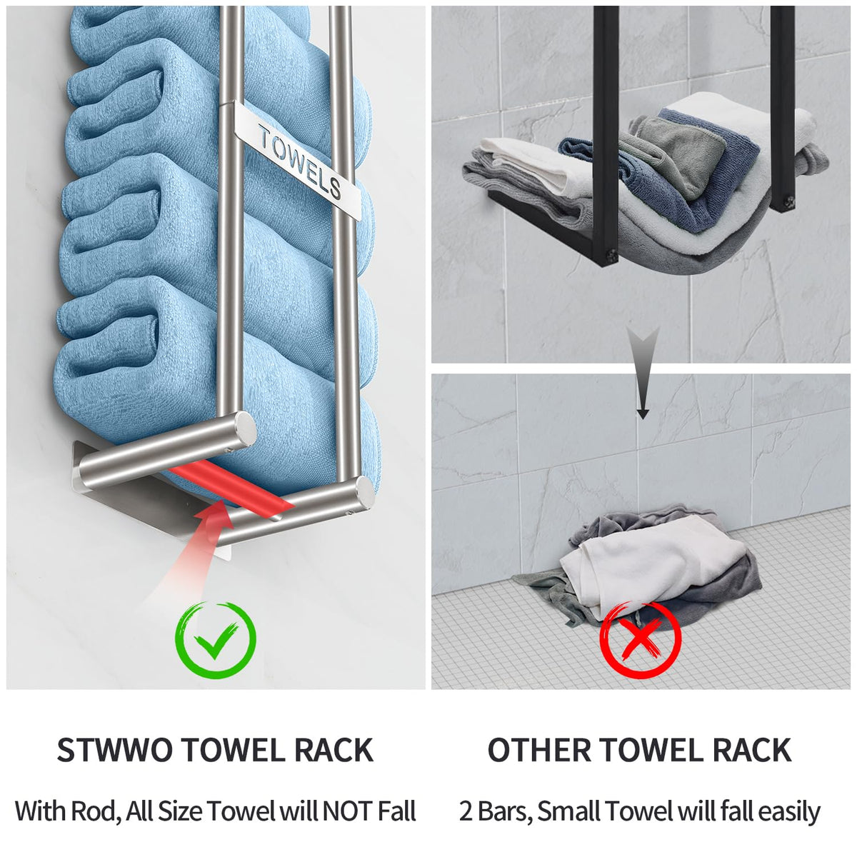 STWWO installation-ready towel rack with hardware and instructions.