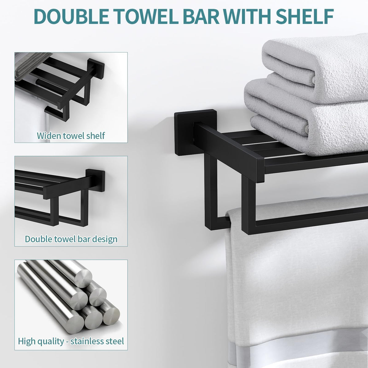 STWWO towel rack with shelf in matte black adds extra storage.