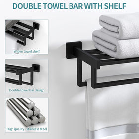 STWWO towel rack with shelf in matte black adds extra storage.