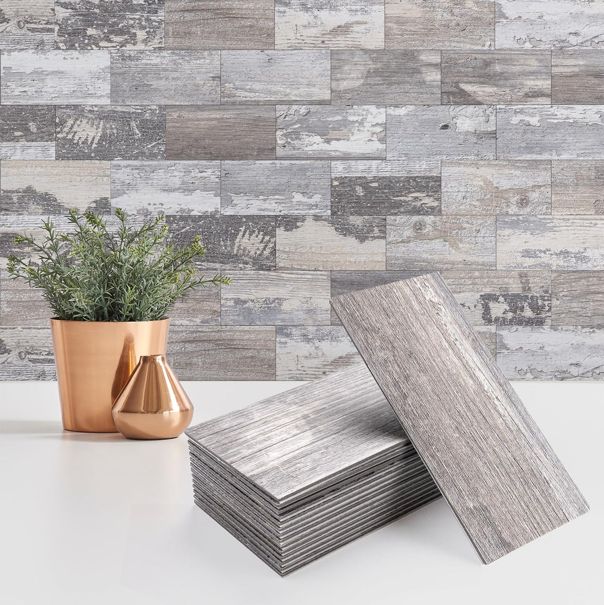 StyloVue 3x6 distressed wood texture backsplash tile for a quick, tool-free installation