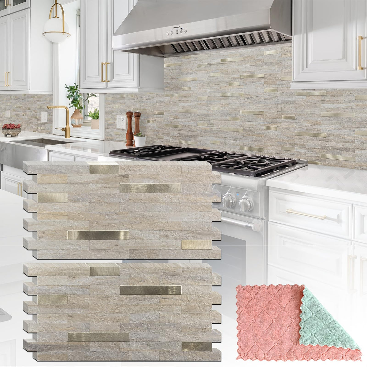 StyloVue beige marble-texture backsplash tile with gold finish for kitchen upgrade.