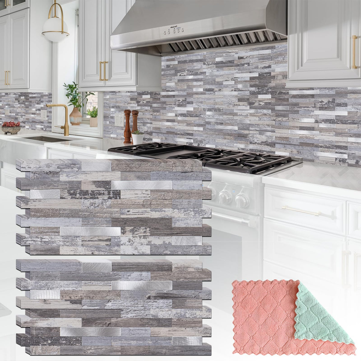 Stylovue distressed wood with silver metal backsplash for a modern kitchen.