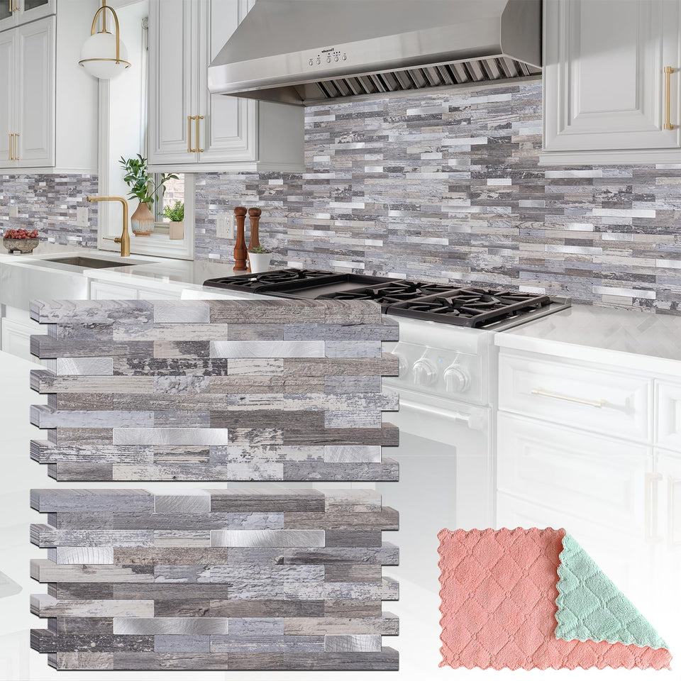 Stylovue distressed wood with silver metal backsplash for a modern kitchen.