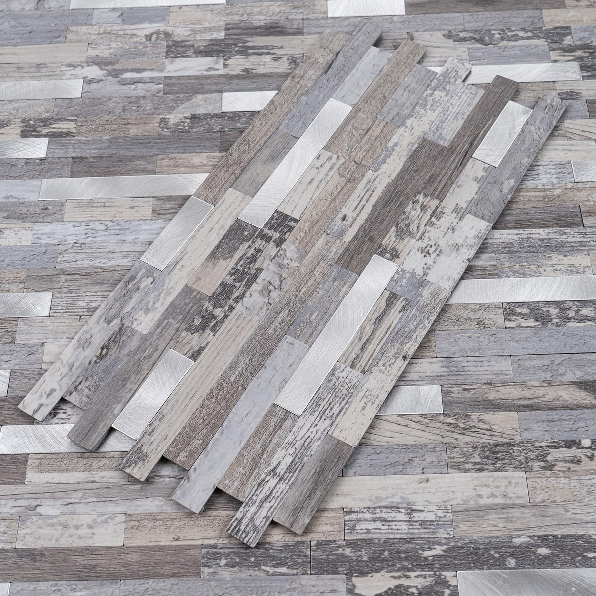 Stylovue distressed wood and silver metal backsplash tile for bathroom or RV.