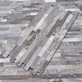 Stylovue distressed wood and silver metal backsplash tile for bathroom or RV.