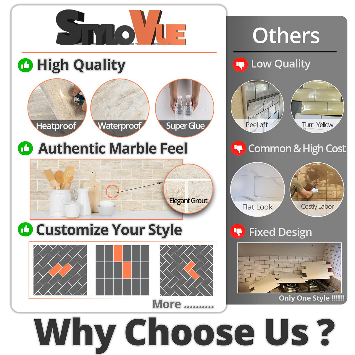 StyloVue backsplash tiles suit kitchens, bathrooms, RVs, and more.