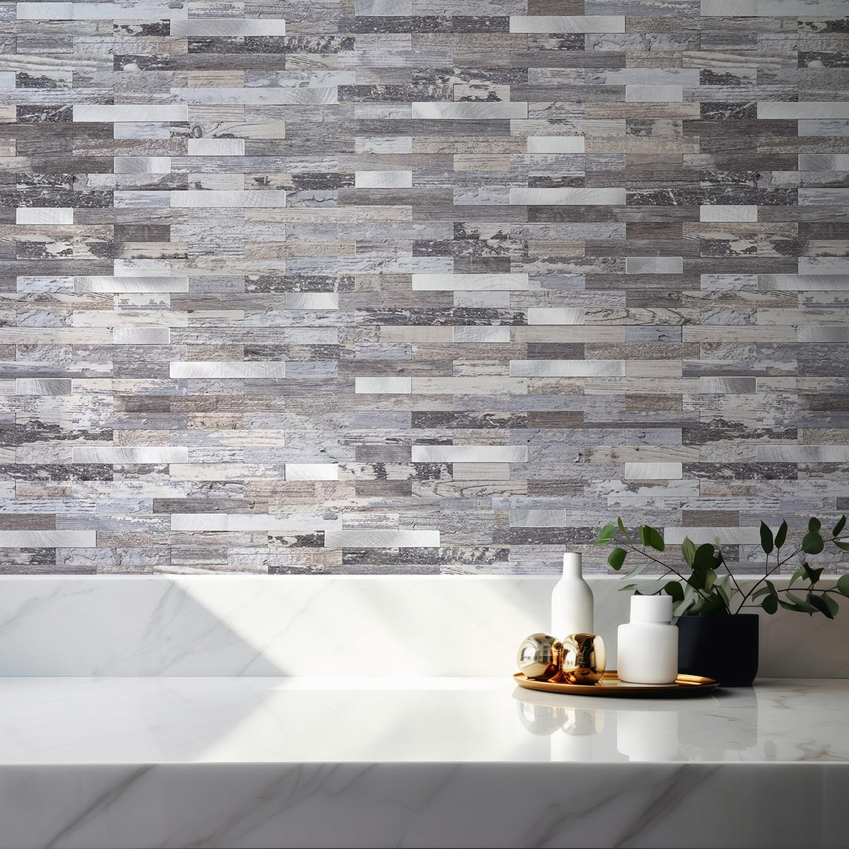 Stylovue peel-and-stick tiles with metal silver finish for quick upgrades.