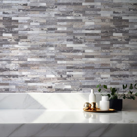 Stylovue peel-and-stick tiles with metal silver finish for quick upgrades.