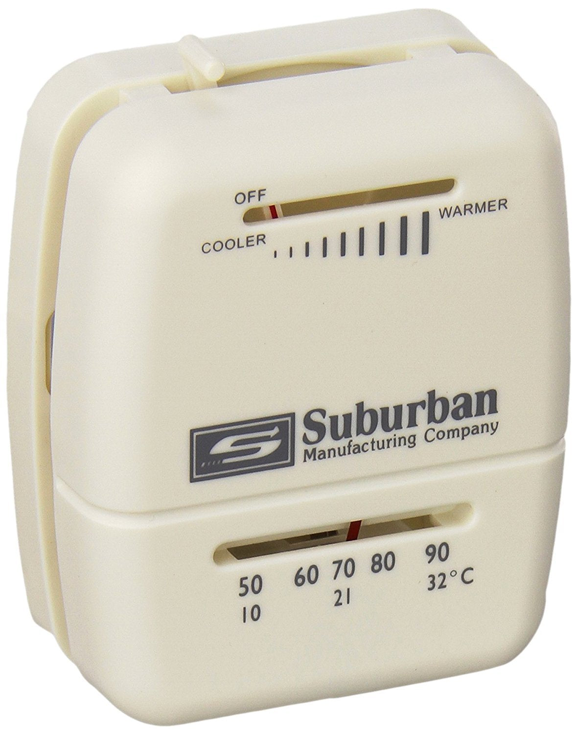 Suburban 161154 wall thermostat white front view for heat-only RV water heater control