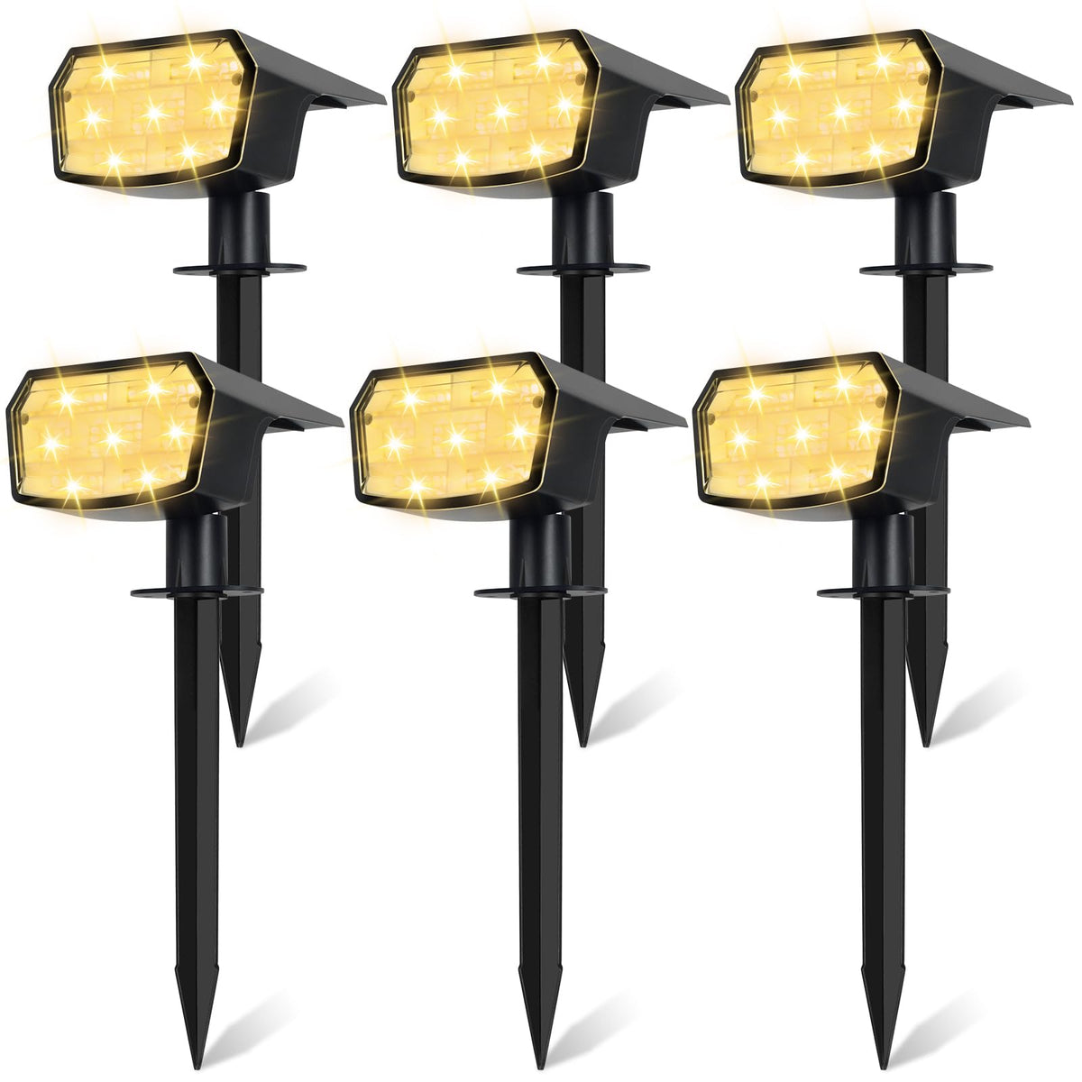 Sucolite six-pack solar spot lights illuminate outdoor spaces with warm 3000K glow