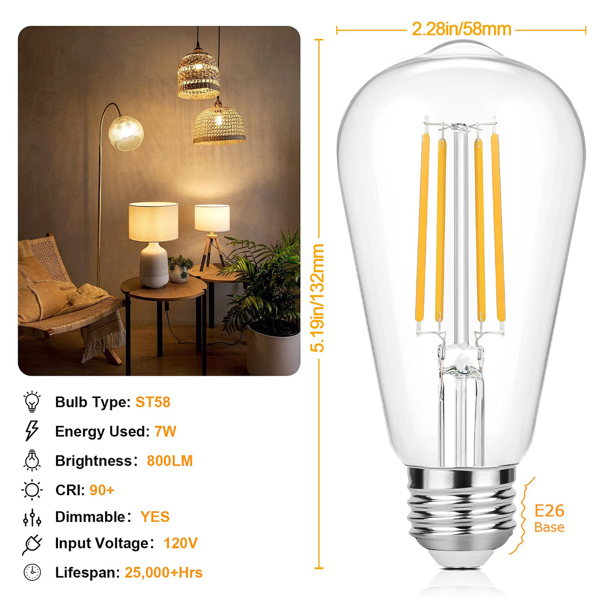 Sucolite 60W-equivalent LED filament bulb delivering 800 lumens for bright rooms