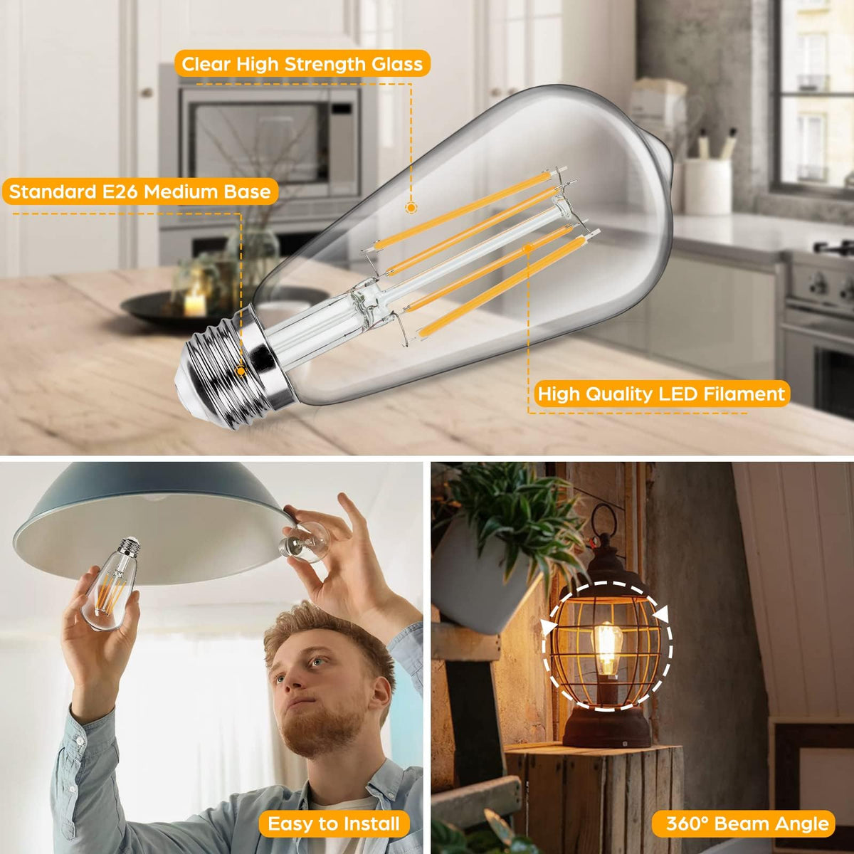 Sucolite vintage LED Edison bulb with E26 base fits many fixtures.