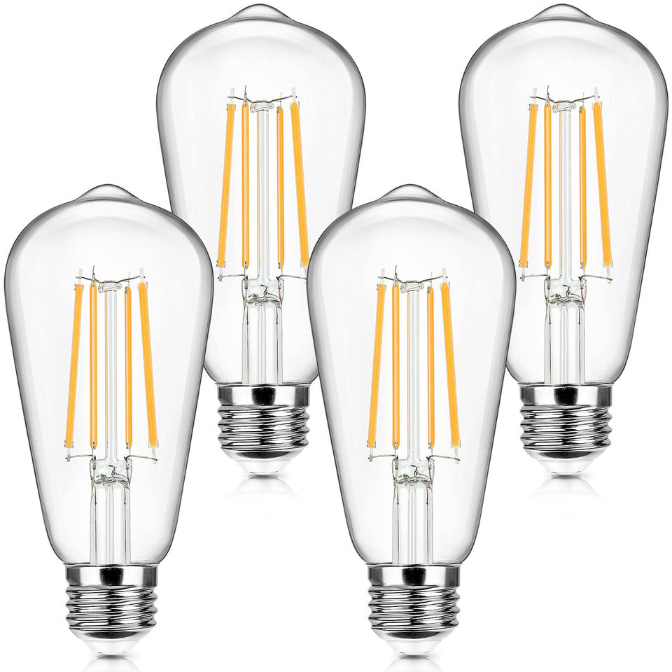 Sucolite four-pack vintage LED Edison bulbs with clear glass for timeless, bright illumination.