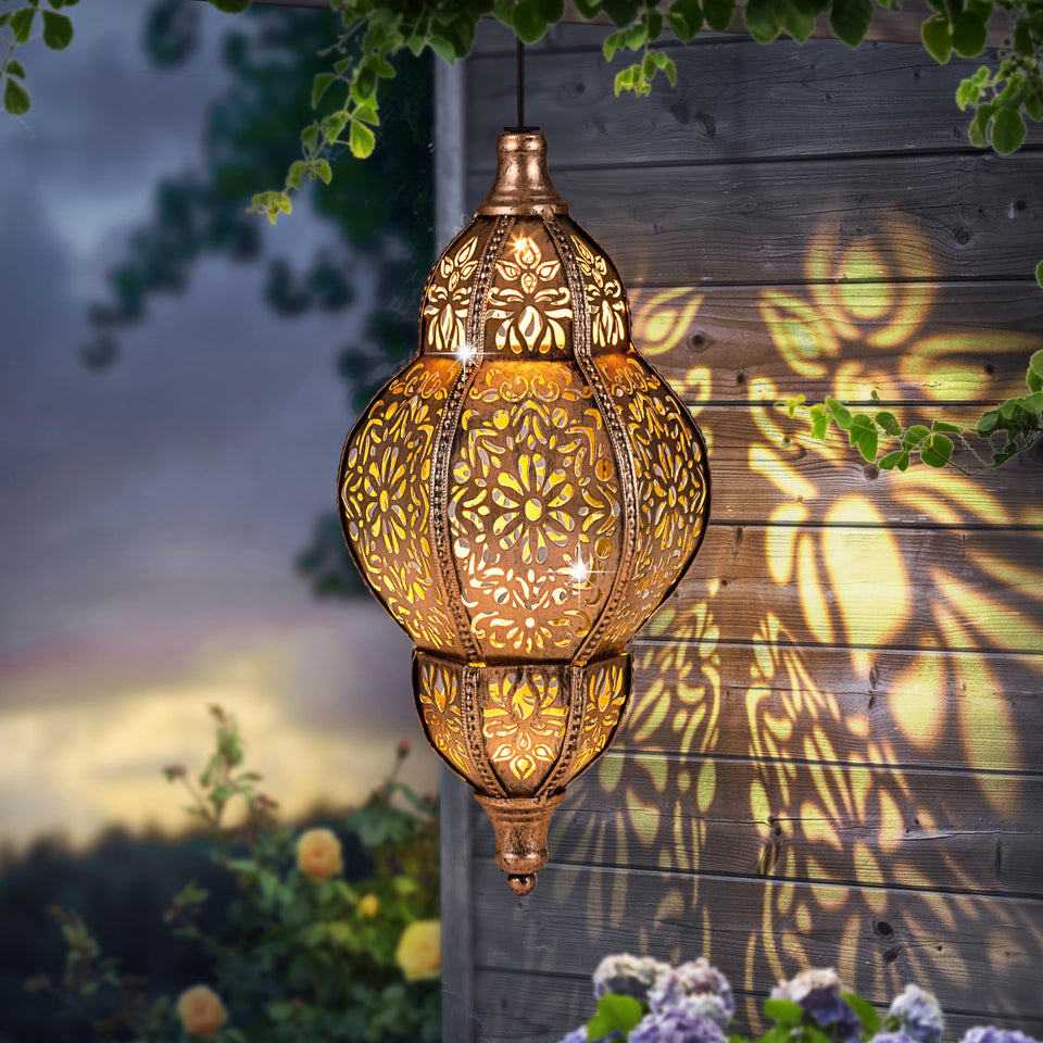 SUCUY solar lantern with openwork Moroccan pattern provides warm ambient glow