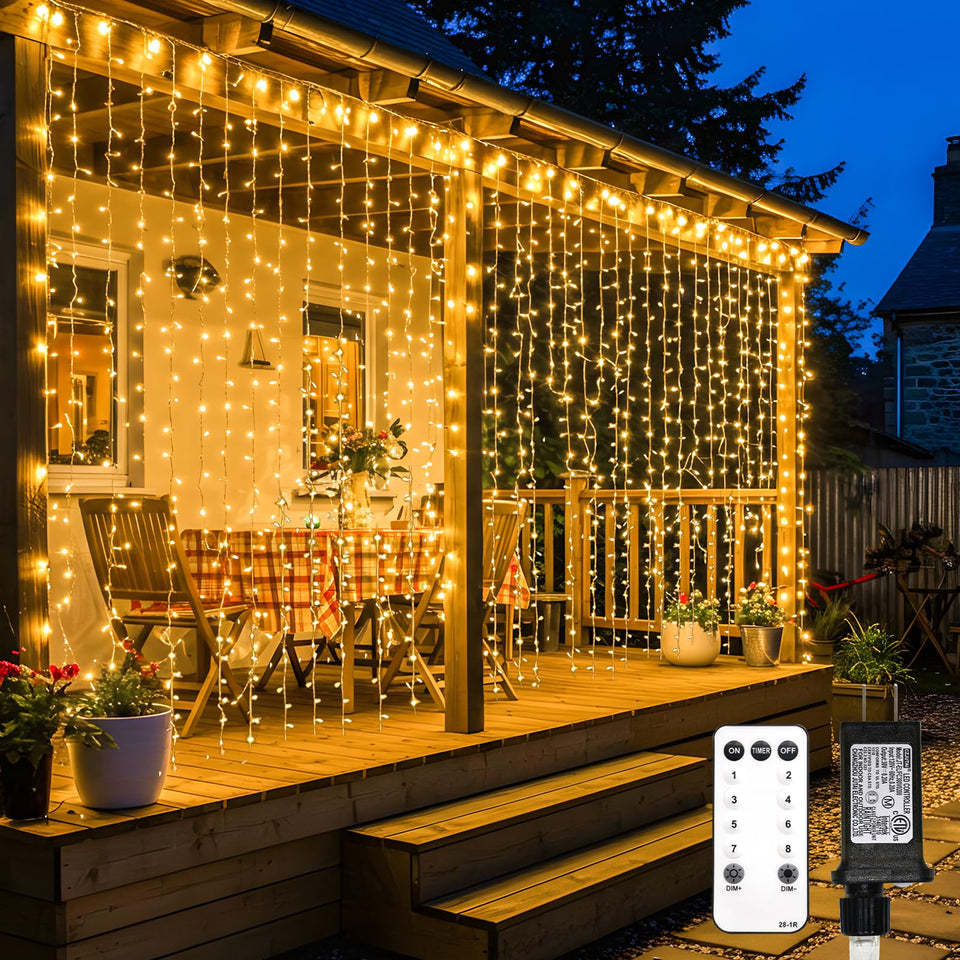suddus 600 LED outdoor curtain lights with remote illuminate large windows for a warm glow