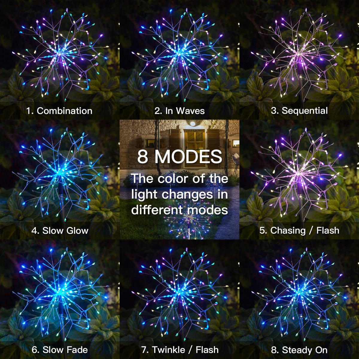 Suddus copper-wire LEDs create bright bursts along garden edges.