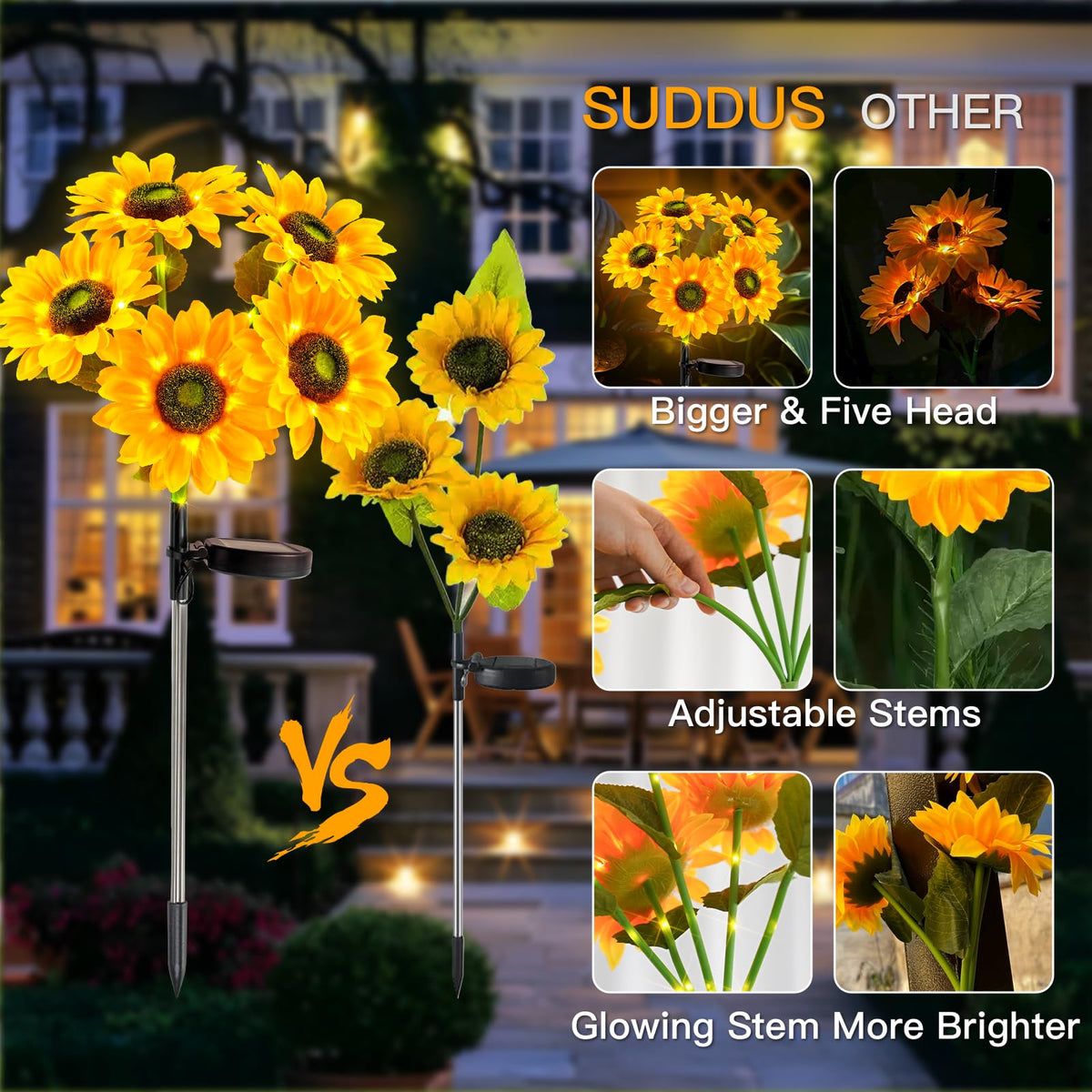 Suddus Sunflower Lights showing steady-on and flashing modes for versatility