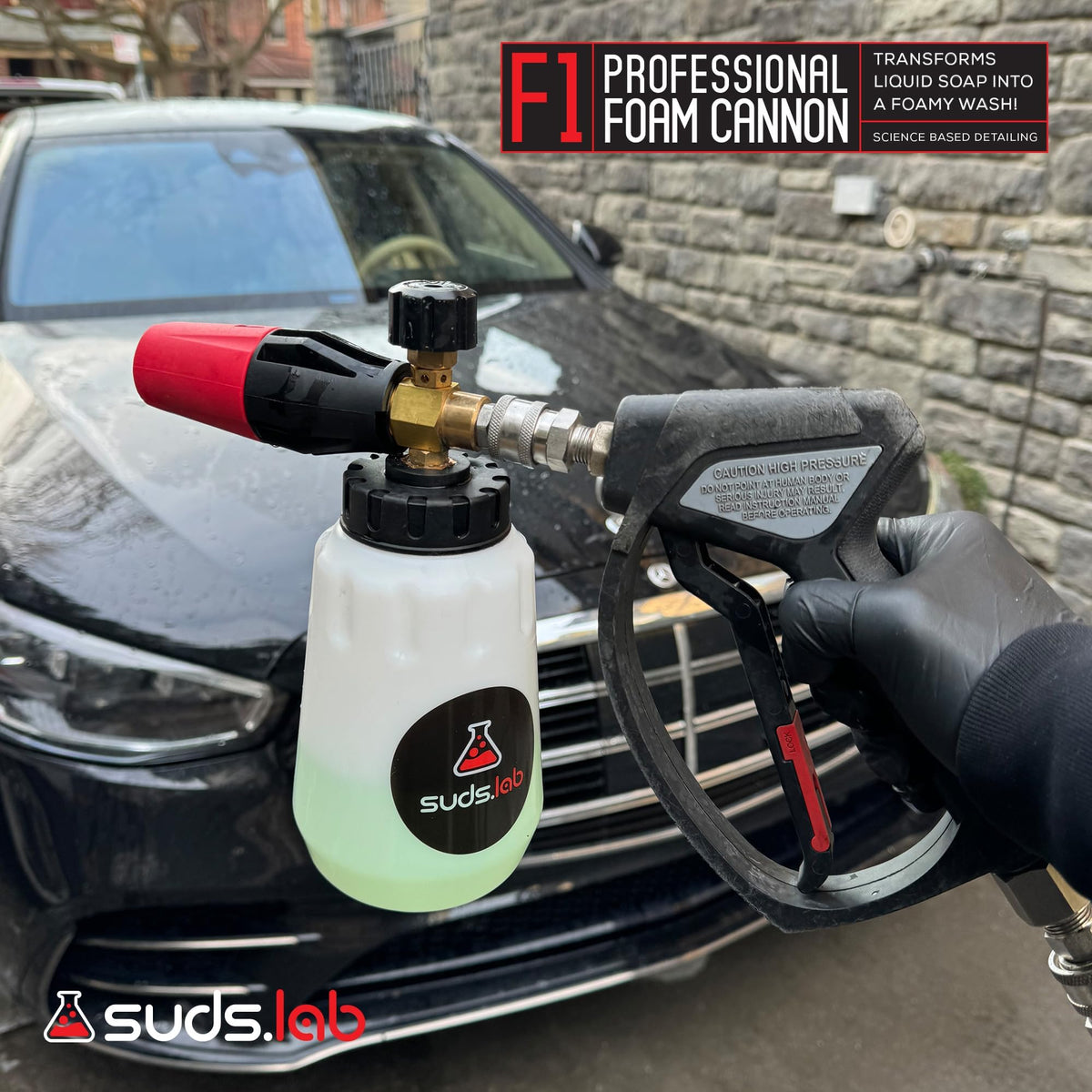 Suds Lab F1 foam application on a car showing foamy surface