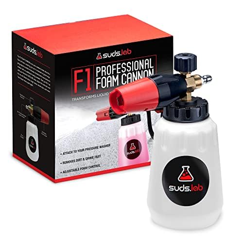 Suds Lab F1 foam cannon 32oz canister releasing rich car wash foam for even coverage