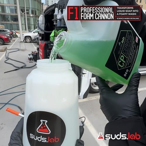 Suds Lab F1 quick-connect attachment ready to attach to pressure washer