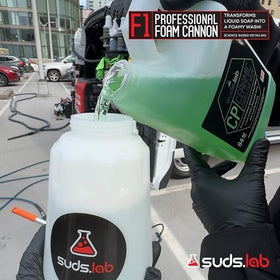Suds Lab F1 quick-connect attachment ready to attach to pressure washer