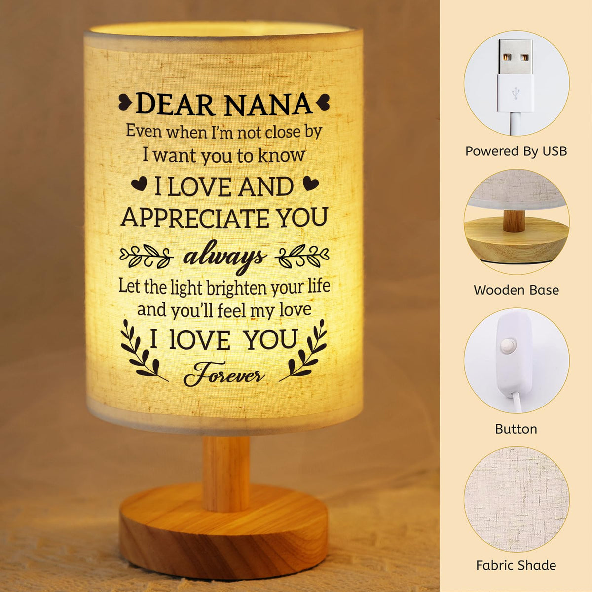 SUEHHYY nightlight showing double-sided messages on a linen lampshade for Nana.