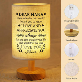 SUEHHYY nightlight showing double-sided messages on a linen lampshade for Nana.