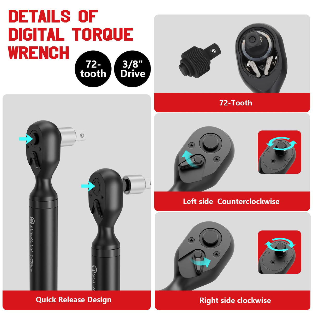 SUERCUP torque wrench featuring 9 preset modes for diverse tasks