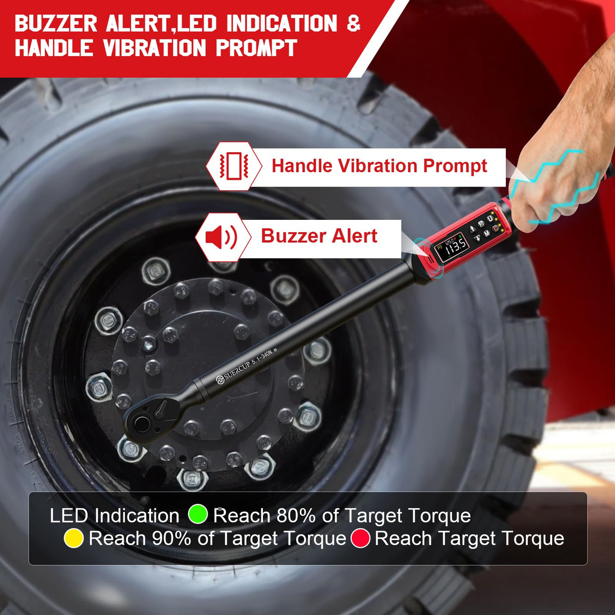 SUERCUP torque wrench peak mode shows real-time and peak torque for precise adjustments.