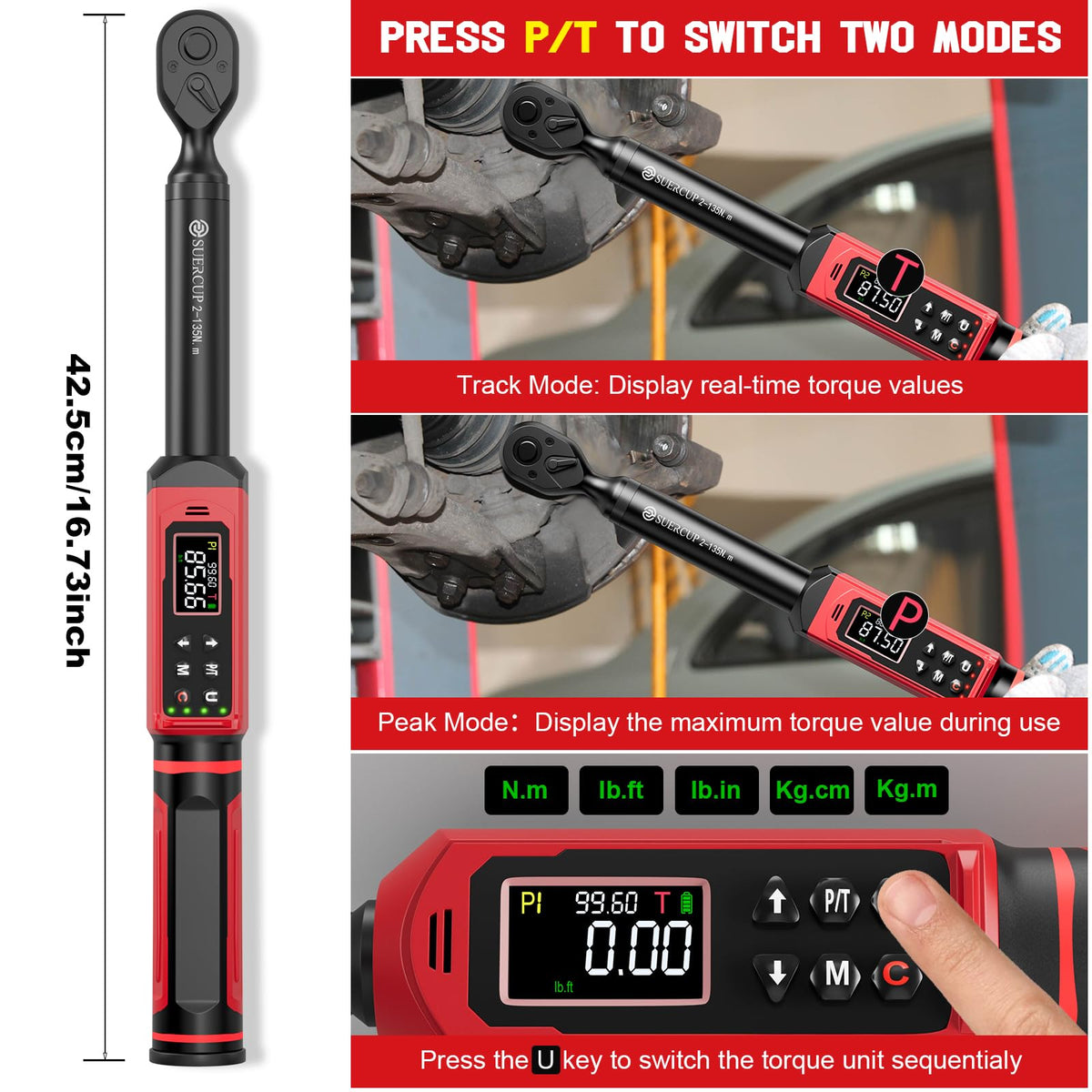 SUERCUP torque wrench with 9 preset modes and multiple units for convenient setup.
