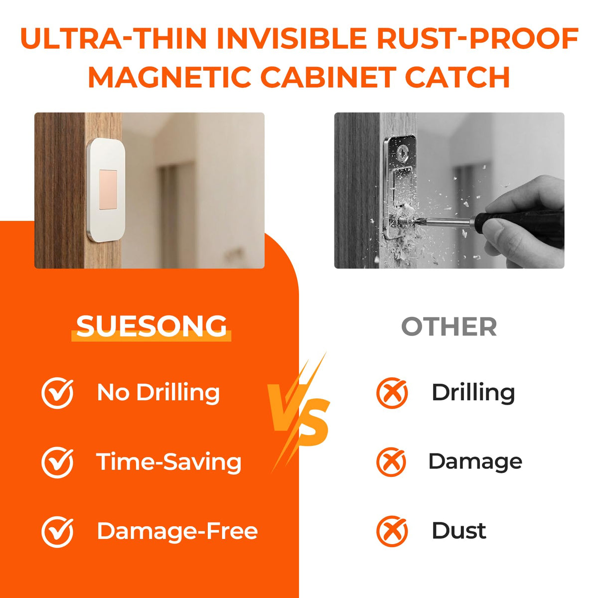 SUESONG tool-free installation for quick cabinet closures without drilling.
