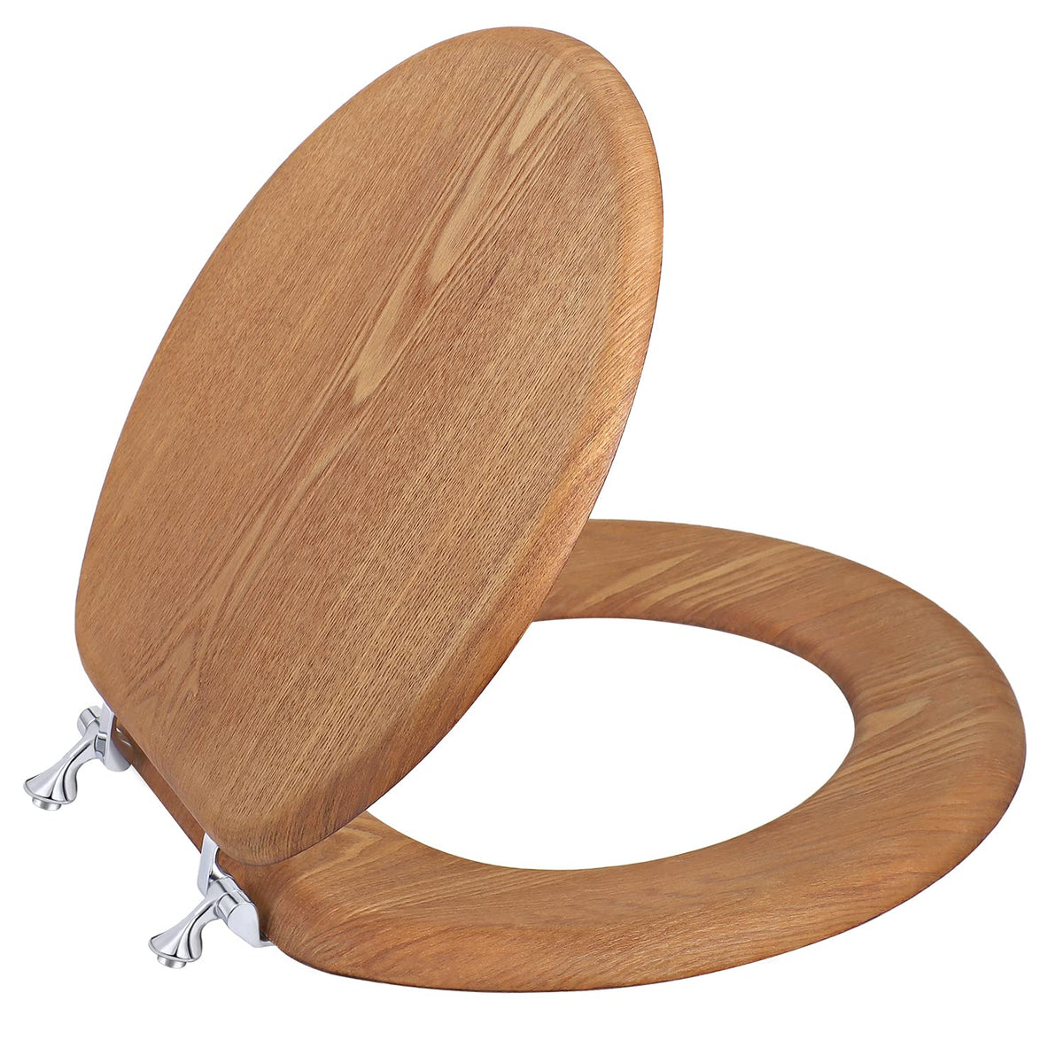 SUFISEAT round toilet seat with metal hinges close-up, durable zinc alloy hardware.