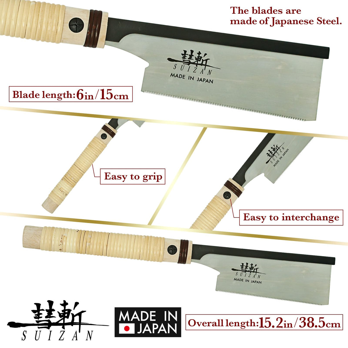 SUIZAN Dozuki Dovetail Saw 6in wooden handle enhances grip during precise work.
